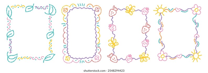 Crayon kids frame set with flowers, hearts, stars. Children hand drawn ornament. Doodle decorated border. Baby scribbles for your design, school or kindergarten photos. Vector illustration 