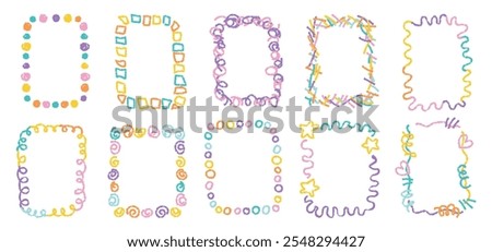 Crayon kids frame set with flowers, hearts, stars. Children hand drawn ornament. Doodle decorated border. Baby scribbles for your design, school or kindergarten photos. Vector illustration 