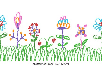 Crayon kid`s hand drawn colorful flowers with green grass on white. Seamless horizontal border pattern. Doodle art spring and summer meadow plant. Vector pastel chalk simple background banner