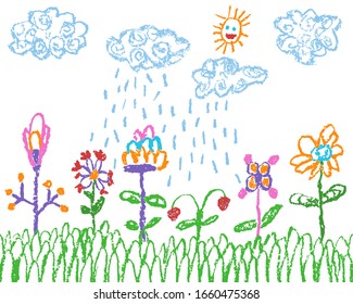 Crayon kids hand drawn colorful flower with green grass on white with cloud and rain. Horizontal border pattern. Doodle art spring and summer meadow plant. Vector pastel chalk simple background banner