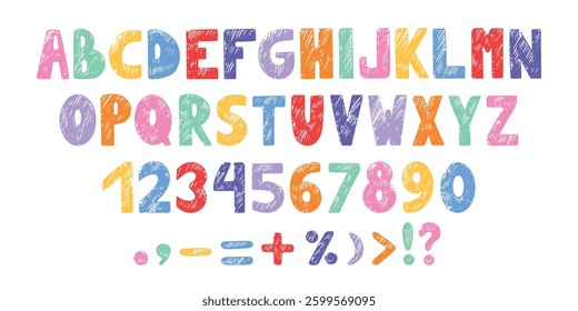 Crayon kids letters. Bright childish style alphabet numbers and marks. Color chalks scribbles abc. Kindergarten or preschool letter, neoteric vector set