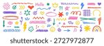 Crayon kids scribble elements, brush lines doodle set. Chalk pencil shapes, check marks, arrows, stars and hearts in sketch style. Hand drawn vector illustration isolated on white background