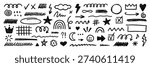 Crayon kids scribble elements, brush lines doodle set. Hand drawn pencil underlines, check marks, arrows, stars and hearts in sketch style. Vector illustration isolated on white background