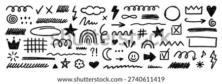 Crayon kids scribble elements, brush lines doodle set. Hand drawn pencil underlines, check marks, arrows, stars and hearts in sketch style. Vector illustration isolated on white background