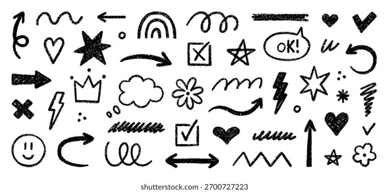 Buntstifte Kinder kritzeln Formen, Pinsel Linien doodle Set. Bleistiftzeichnungen, Häkchen, Pfeile, Sterne und Herzen im Skizzenstil. Handgezeichnete Vektorgrafik einzeln auf weißem Hintergrund