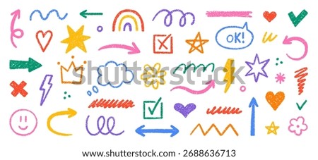 Crayon kids scribble shapes, brush lines doodle set. Pencil underlines, check marks, arrows, stars and hearts in sketch style. Hand drawn vector illustration isolated on white background
