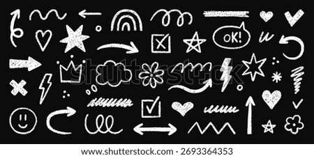 Crayon kids scribble shapes, brush lines doodle set. Pencil underlines, check marks, arrows, stars and hearts in sketch style. Hand drawn vector illustration isolated on black background