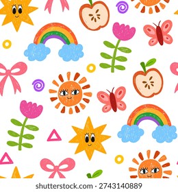 Crayon kids seamless pattern. Hand drawn funky background with rainbow, sun, flowers, apple, butterfly and stars. Kindergarten funny wax simple doodle vector design for fabric, wallpaper. 