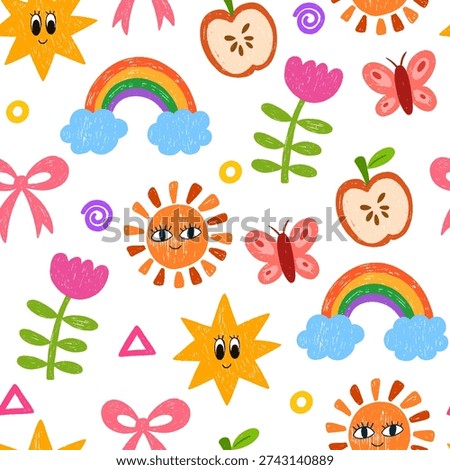 Crayon kids seamless pattern. Hand drawn funky background with rainbow, sun, flowers, apple, butterfly and stars. Kindergarten funny wax simple doodle vector design for fabric, wallpaper. 