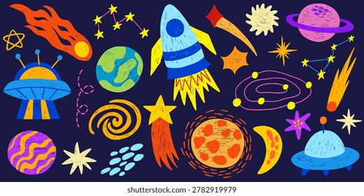 Crayon kids space set. chalk drawings galaxy collection with planets, stars, constellations, asteroids, rocket, moon. Hand drawn cosmos elements. Vector childish galaxy scribbles illustration  