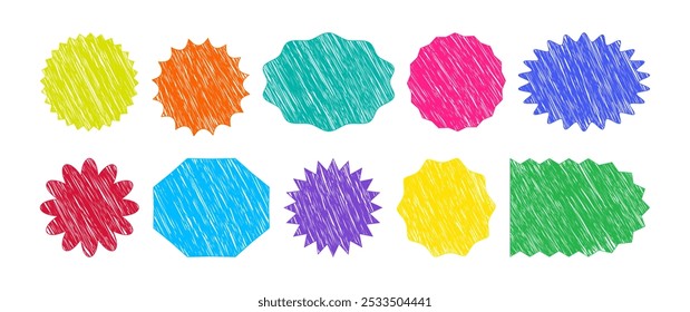 Crayon label line icon, chalk sticker starburst shape, scribble discount sale price tag, colorful paint sun, circle and oval scratch pen drawn texture isolated on white background. Vector illustration