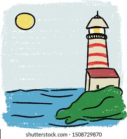 crayon lighthouse landscape doodle hand drawn kids illustration cute style