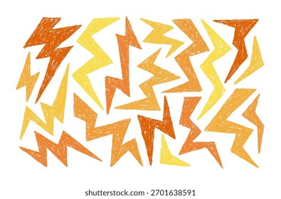 Conjunto de iconos de tiza de rayo y trueno de crayón. Elementos de carbón de Vector dibujados a mano Doodle Zig Zag Formas de relámpago en color amarillo en estilo infantil.
