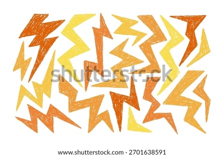 Crayon Lightning and Thunder Chalk Icons Set. Vector Charcoal Elements Hand Drawn Doodle Zig Zag Shapes of Lightning Bolt in Yellow Color in Kids Style.