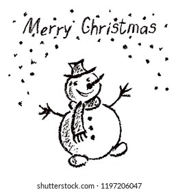 Crayon like child hand drawing merry christmas funny snowman with lettering black on white. Pastel, pencil or charcoal artistic strikes. Like kids drawing vector doodle sketch style illustration.