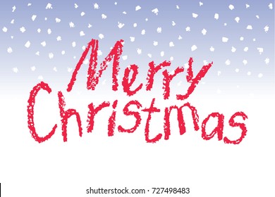 Crayon like child's drawing merry christmas funny red text on blue white background with falling snowflakes. Pastel or pencil grunge hand lettering. Like kids drawing style vector design element.