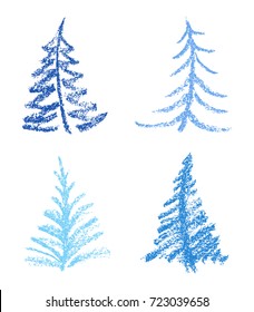 Crayon like child's drawing style merry christmas tree set  Hand drawn pastel blue color  Simple fluffy texture fir  tree like kids painting vector illustration 