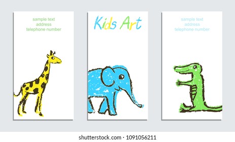 Crayon like child`s hand drawing art colorful wild animals card set. Giraffe, elephant, and crocodile on white. Artistic stroke pastel chalk or pencil vector art. Childlike funny style background