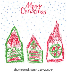 Crayon like childs hand drawing christmas house background and falling snowflakes. Funny doodle sketch style hut set. Pencil or pastel chalk like kid drawn vector artistic stroke. Merry christmas text