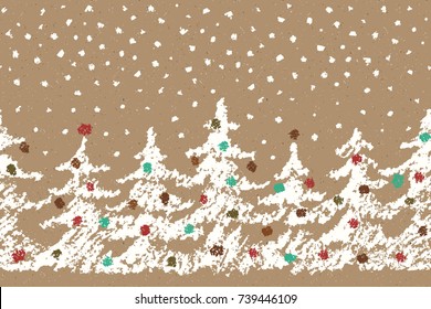 Crayon like child's hand drawing merry christmas tree seamless pattern with falling snow on handmade craft paper background. Like kids painting pastel chalk vector christmas fir-tree silhouette.