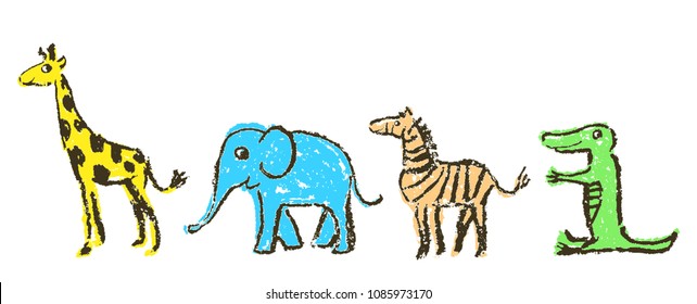 Crayon like kid`s hand drawn wild animals set. Giraffe, elephant, zebra and crocodile isolated on white. Child`s drawn artistic stroke colorful pastel chalk or pencil vector art. Childlike funny style