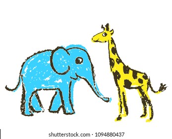 Crayon like kid`s hand drawn wild animals. Giraffe and elephant isolated on white. Child`s drawn artistic stroke colorful pastel chalk or pencil vector art. Childlike funny style