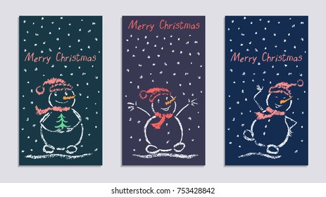 Crayon like kid`s hand drawn cards set with merry christmas funny smiling snowman with falling snowflakes. Vector pastel chalk or pencil comic characters. Like child`s painting background.