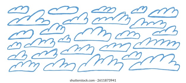 Crayon line clouds set. Naive hand drawn sky. Kids chalk textured elements. Pastel scribble cloudy weather speech bubbles. Vector pencil drawn illustration on white background.