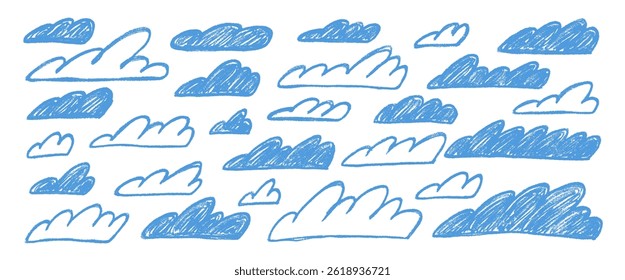 Crayon line clouds set. Naive hand drawn sky. Kids chalk textured elements. Pastel scribble cloudy weather speech bubbles. Vector wax pencil drawn illustration on white background.