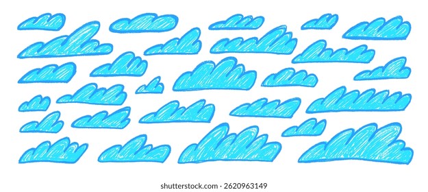 Crayon line clouds set. Naive hand drawn sky. Kids chalk textured elements. Pastel scribble cloudy weather speech bubbles. Vector charcoal or wax pencil drawn illustration on white background.