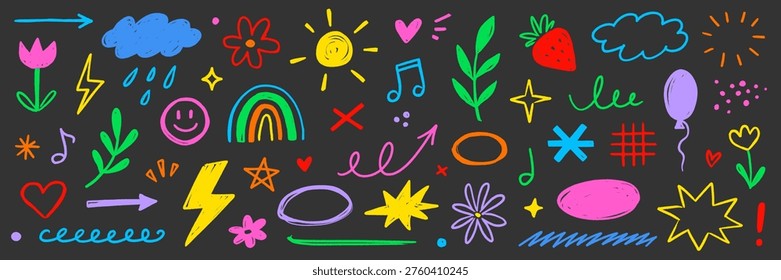 Crayon line icon pastel set. Crayon line icon hand drawn pencil pastel color brush chalk scribble texture. Cute kid children rainbow heart star sun cloud flower baby smile. Vector illustration