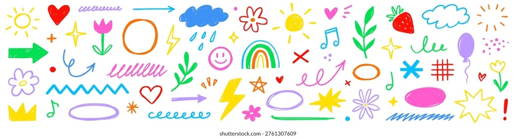 Crayon line icon pastel set. Crayon line icon hand drawn pencil pastel color brush chalk scribble texture. Cute kid children rainbow heart star sun cloud flower baby smile. Vector illustration
