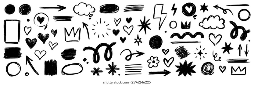 Crayon line kid pencil color brush hand drawn chalk vector element set. Texture brush stroke kid square, spiral, arrow element hand drawn sketch scribble. Crayon pencil style. Vector illustration