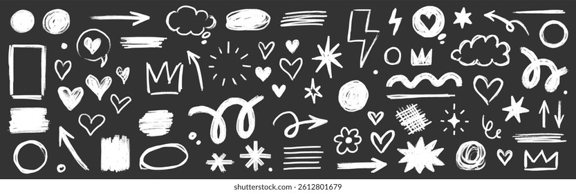 Crayon line kid pencil color brush hand drawn chalk vector element set. Texture brush stroke kid square, spiral, arrow element hand drawn sketch scribble. Crayon pencil style. Vector illustration