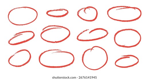 Vektor-Set mit ovalen Konturenlinien. Brush Scribble Round Highlight Collection. Rote Hand gezeichnet Kreide Textur Dialog kreisförmige Rahmen. Stift Betonungselemente Holzkohle Runde Doodle Unterstreichen Paket