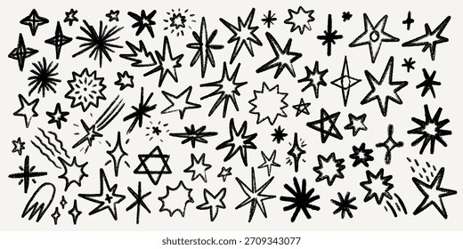 Colección de estrella de línea de crayón con textura de boceto dibujado a mano, estrellas de doodle, cometas y chispas en estilo tiza. Ilustración de línea de estrella de crayón con textura de boceto