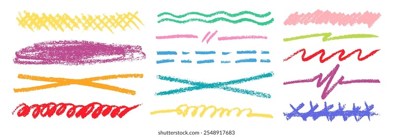 Crayon Line Stroke Vector Set. Chalk Scribble Underline Shapes Collection. Color Hand Drawn Brush Texture Highlight Squiggle. Pencil Emphasis Elements Charcoal Doodle Dividers Bundle
