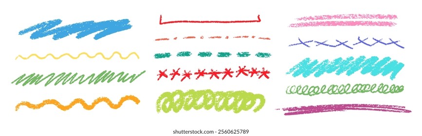 Crayon Line Stroke Vector Set. Chalk Scribble Underline Shapes Collection. Color Hand Drawn Brush Texture Highlight Squiggle. Pencil Emphasis Elements Charcoal Doodle Dividers Bundle