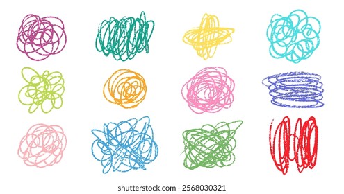 Crayon Line Stroke Vector Set. Chalk Scribble Underline Shapes Collection. Color Hand Drawn Brush Texture Highlight Squiggle. Pencil Emphasis Elements Charcoal Doodle Dividers Bundle