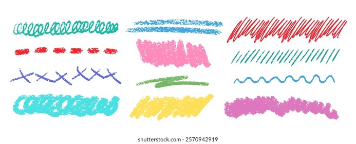 Crayon Line Stroke Vector Set. Chalk Scribble Underline Shapes Collection. Color Hand Drawn Brush Texture Highlight Squiggle. Pencil Emphasis Elements Charcoal Doodle Dividers Bundle