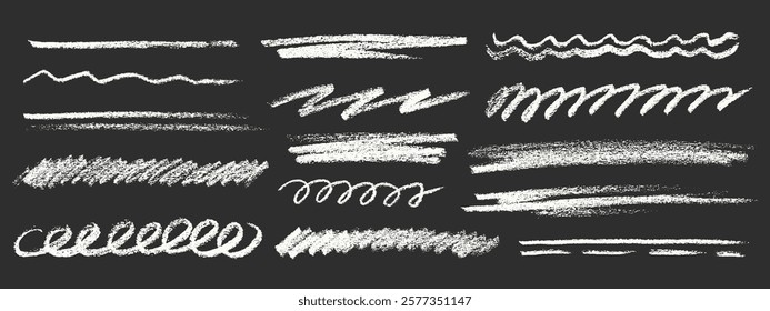 Crayon Line Stroke Vector Set. Chalk Scribble Underline Shapes Collection. Blackboard Hand Drawn Brush Texture Highlight Squiggle. Pencil Emphasis Elements Charcoal Doodle Dividers Bundle