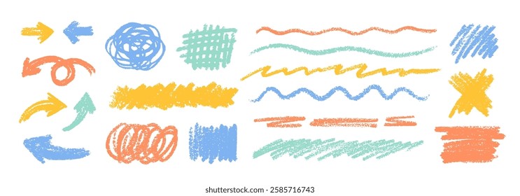 Crayon Line Stroke Vector Set. Chalk Scribble Underline Shapes Collection. Color Hand Drawn Brush Texture Highlight Squiggle. Pencil Emphasis Elements Charcoal Doodle Dividers Bundle