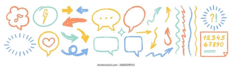 Crayon Line Stroke Vector Set. Chalk Scribble Underline Shapes Collection. Color Hand Drawn Brush Texture Highlight Squiggle. Pencil Emphasis Elements Charcoal Doodle Dividers Bundle