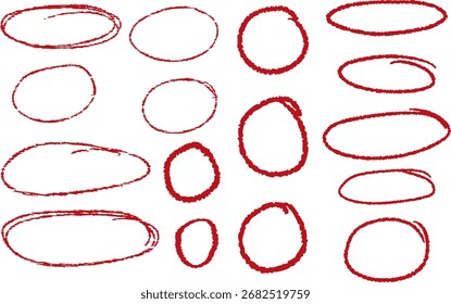 crayon liner doodle dibujado a mano óvalos ROJOS y círculos conjunto. estilo doodle. Formas redondas a mano alzada   énfasis resaltado  