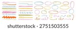 Crayon lines, charcoal highlight strokes and freehand ovals doodle set. Pencil underlines, arrows, ellipse frames. Hand drawn kids chalk brush strips in sketch style.
