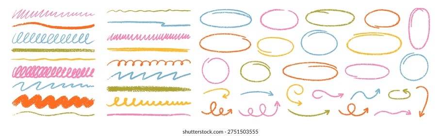 Crayon lines, charcoal highlight strokes and freehand ovals doodle set. Pencil underlines, arrows, ellipse frames. Hand drawn kids chalk brush strips in sketch style.