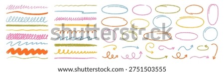 Crayon lines, charcoal highlight strokes and freehand ovals doodle set. Pencil underlines, arrows, ellipse frames. Hand drawn kids chalk brush strips in sketch style.