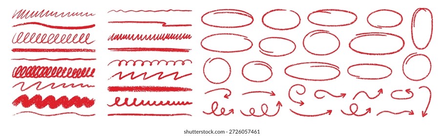 Linhas de giz de cera, traços de destaque de carvão vermelho e conjunto de doodle de ovais à mão livre. Sublinhados a lápis desenhados à mão, marcas de seleção, setas, quadros de elipse. Tiras de giz para crianças e linha de pincel em estilo de esboço.