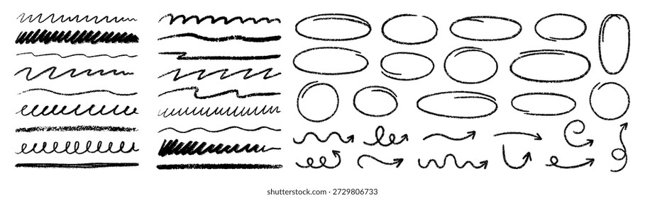 Crayon lines, scribble charcoal highlight strokes and freehand ovals doodle set. Hand drawn pencil underlines, arrows, ellipse frames. Kids chalk strips and brush line in sketch style.