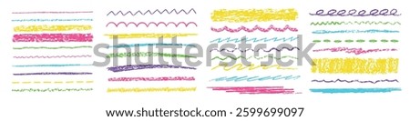 Crayon lines and strokes. Scrawl separator, chalk textured stroke, scribble line divider and hand drawn squiggle border. Straight, curly, wavy and zigzag underline vector set.